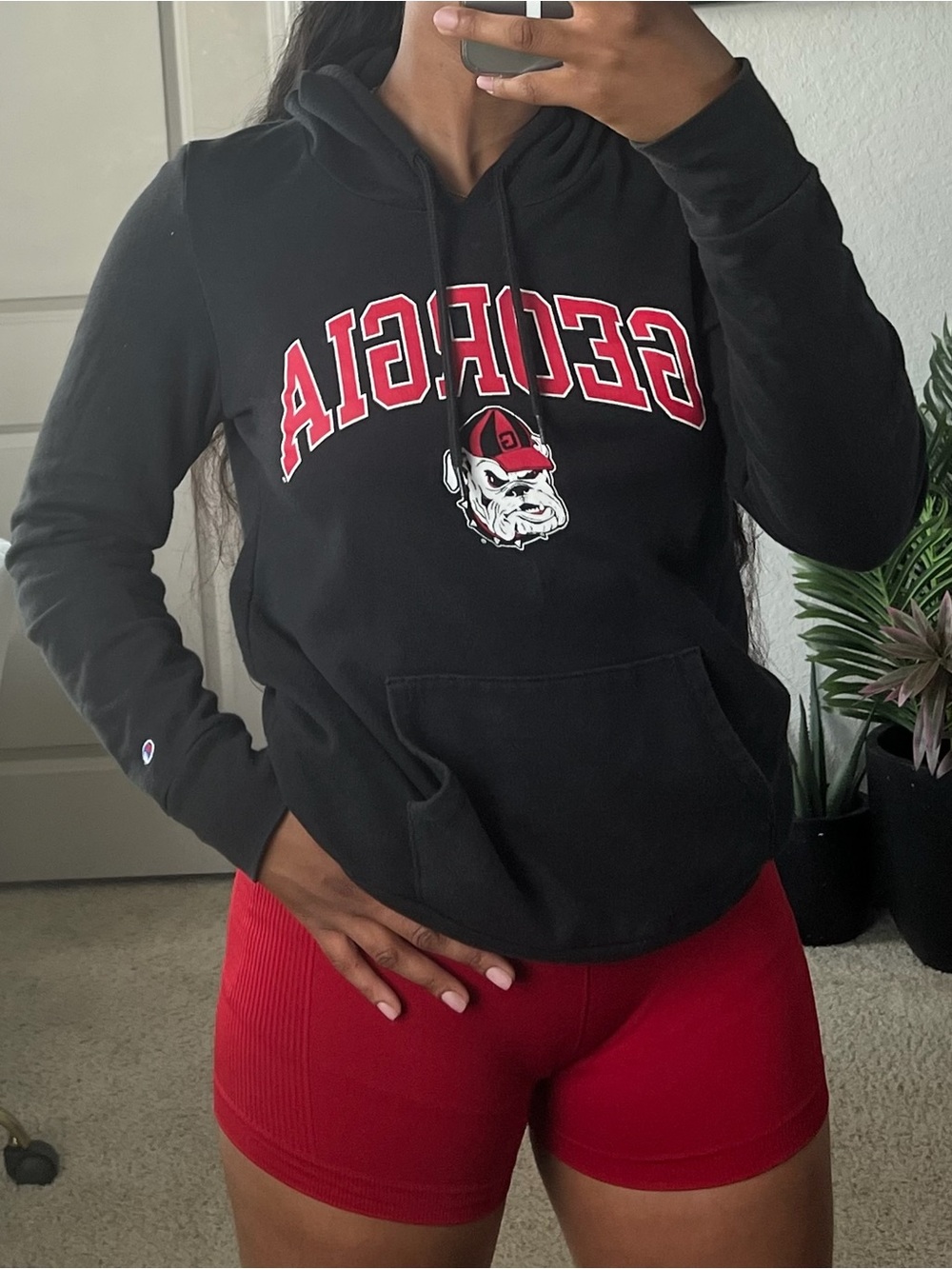 Champion Black Hoodie with Red Georgia Script and Bulldog Graphic